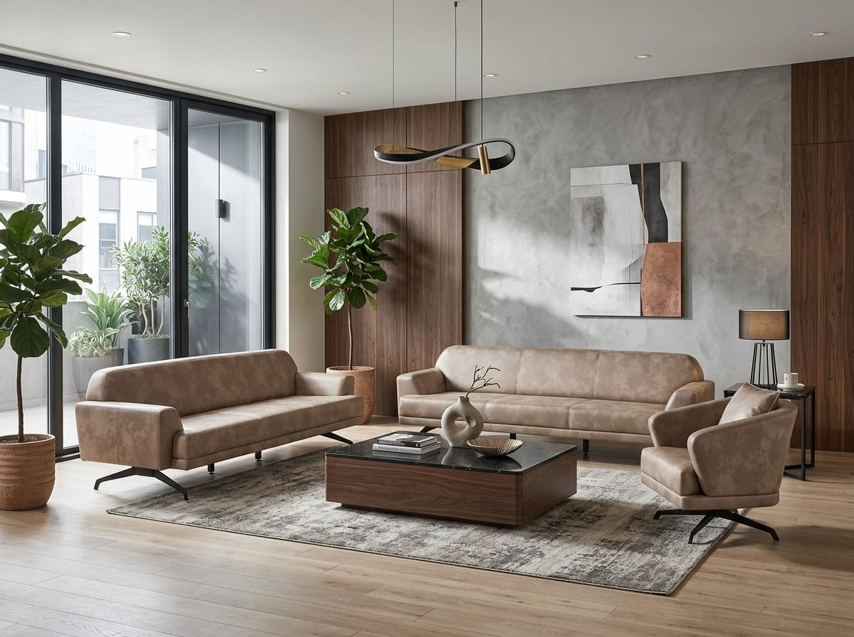 Couchgarnitur 3-Sitzer Sofa Sessel Leder Beige Modern Bequem