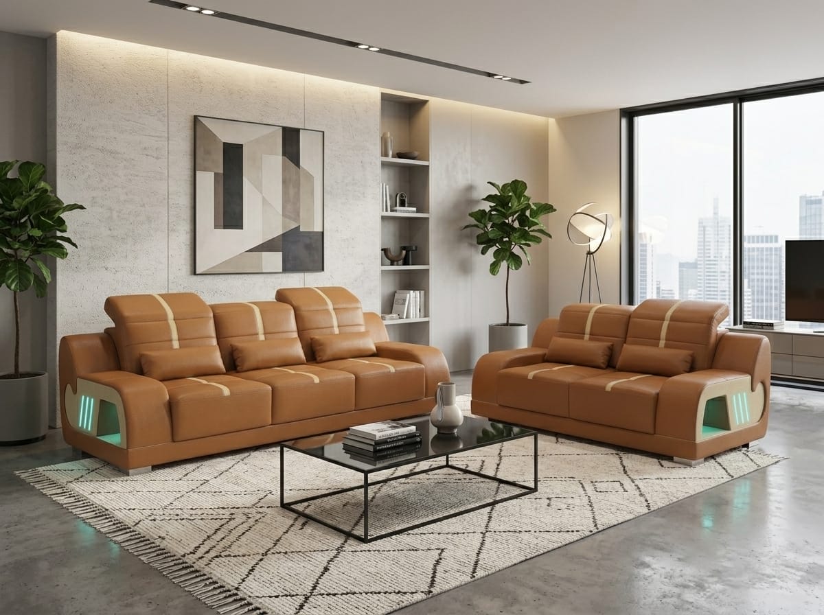 Wohnzimmer 3-Sitzer 2-Sitzer Sofa Set Modern Braun Couch Design Led