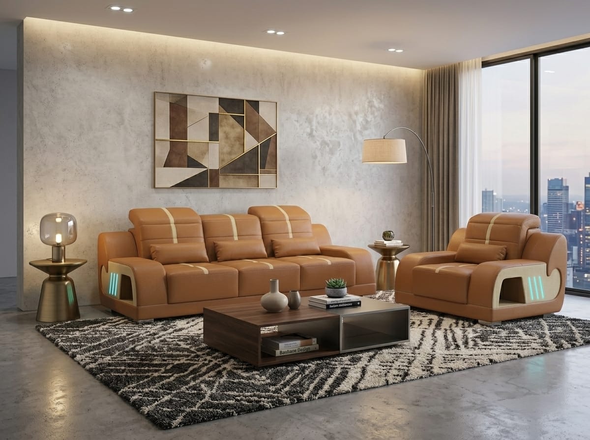 Wohnzimmer Sofa Set 3+1 Modern Braun Couch Design Led Polstergarnitur