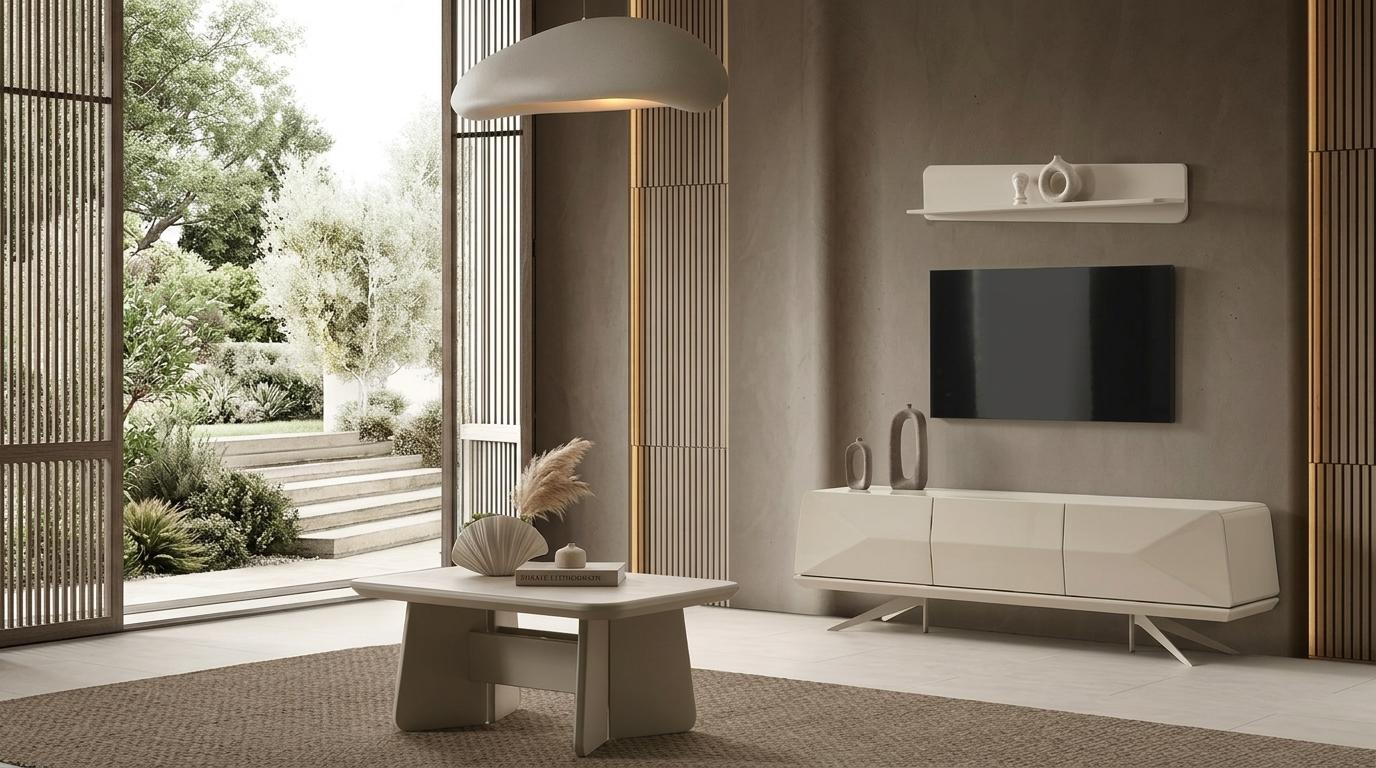 Tisch TV Board Wandregal Stil modern beige Rechteckig Wohnzimmer bequem