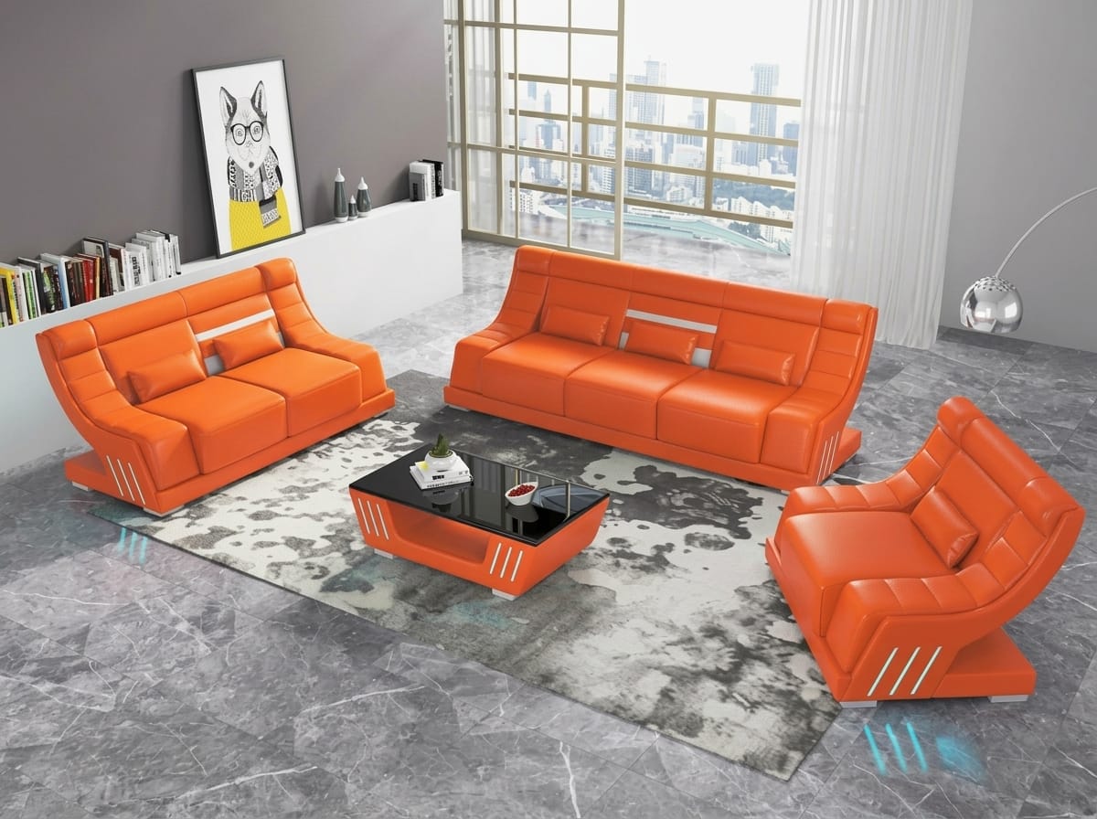 Leder Sofa Set 3+2+1 Modern Orange Couch Design LED Polstergarnitur
