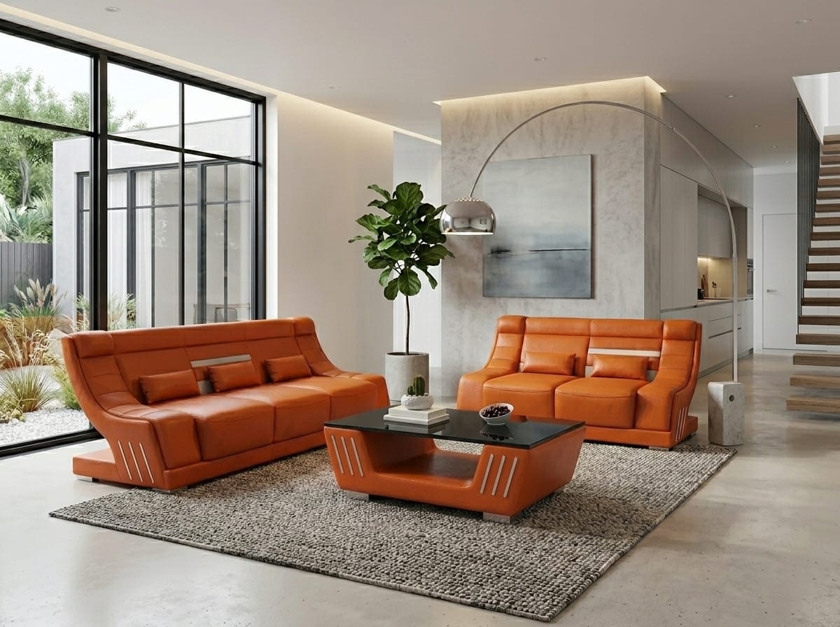 Sofa Set 3+2 Modern Orange Couch Design LED Komfort Polstergarnitur