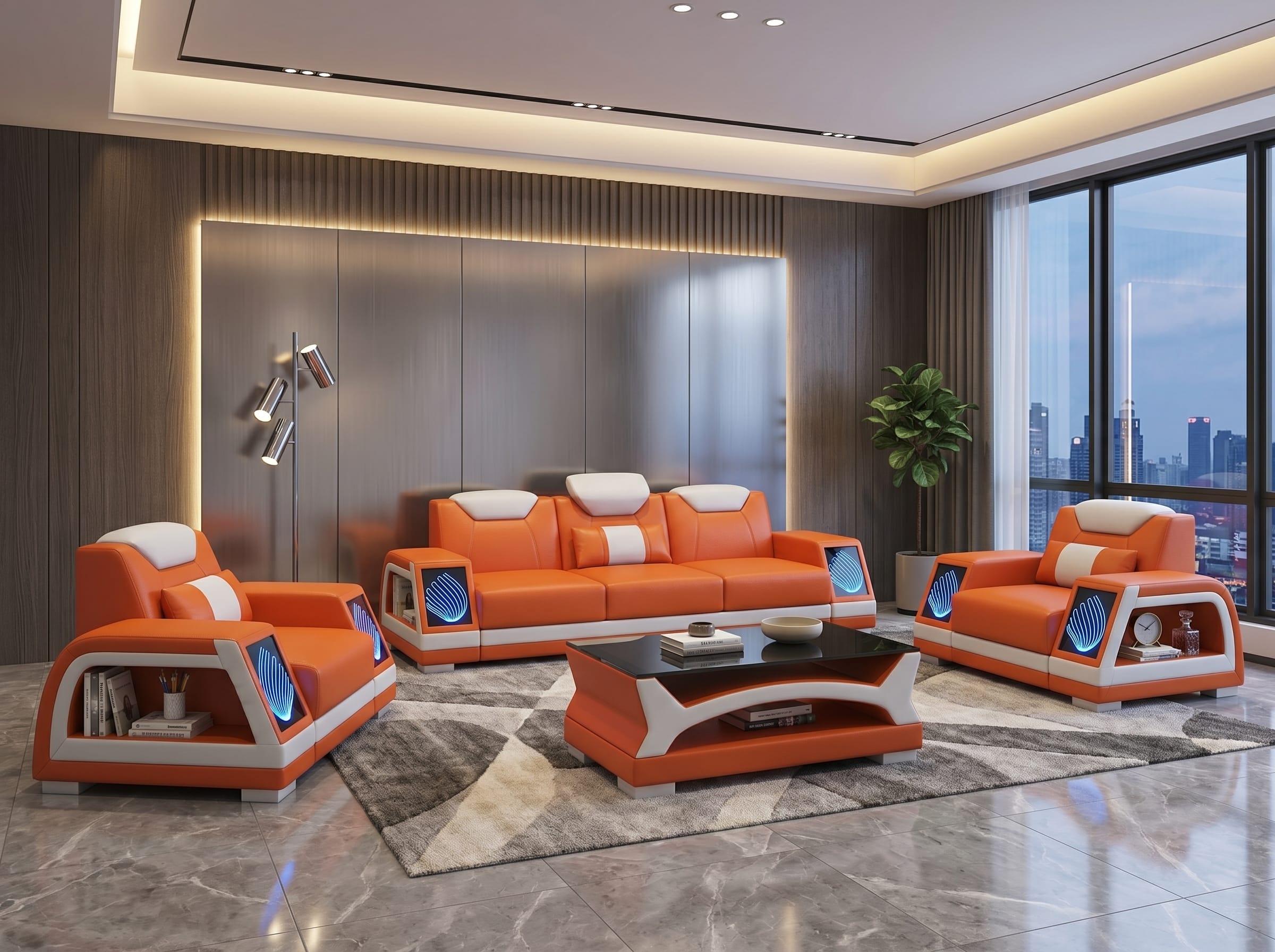 Modernes Sofa Set 3-Sitzer 2x Sessel Orange Weiß LED Couch Wohnzimmer *