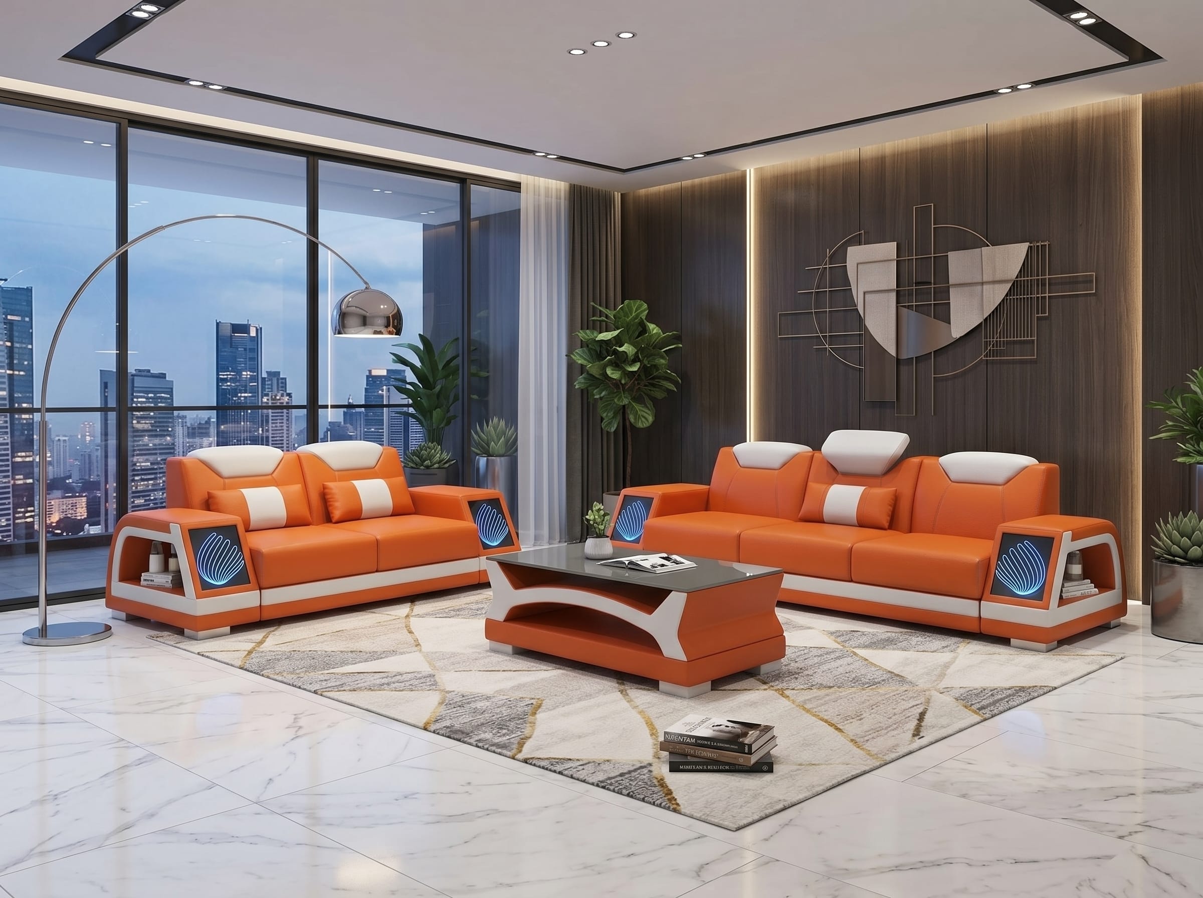 Wohnzimmer Sofa Set 3-Sitzer 2-Sitzer Orange Weiß LED Couch Design *