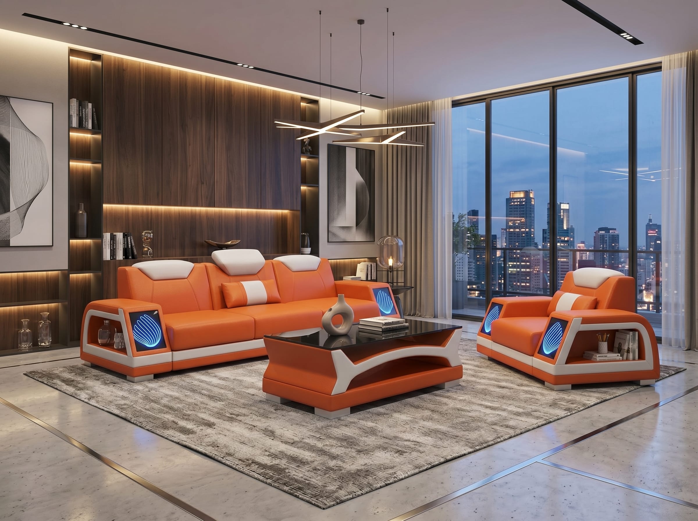 Modern Sofa Set 3-Sitzer Sessel Orange Weiß LED Wohnzimmer Couch Möbel *