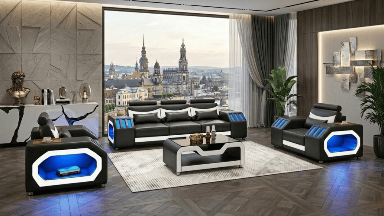 Sofa Set 3+1+1 Modern Schwarz Weiß Premium LED Couchtisch Komfort *