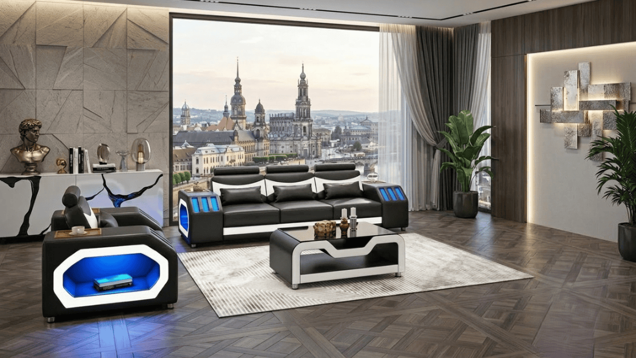Sofa Set 3+1 Modern Weiß Schwarz Premium LED Luxus Komfort Elegant *