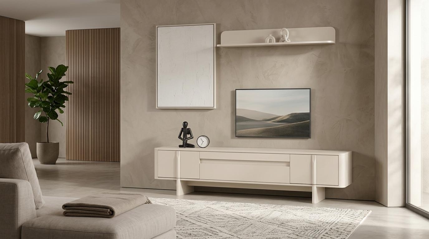 TV Board Wandregal Stil modern weiß Wohnzimmer bequem praktisch geräumig