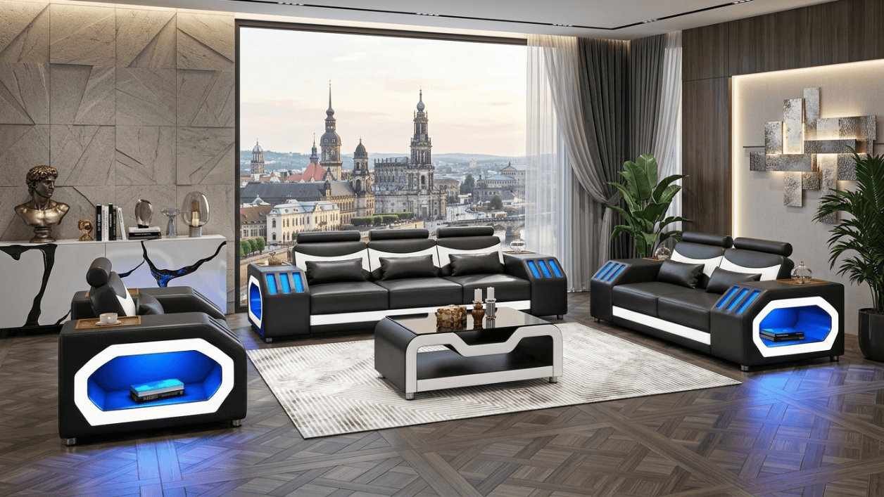 Sofa Set 3+2+1 Modern Schwarz Weiß Premium LED Couchtisch Luxus Top *