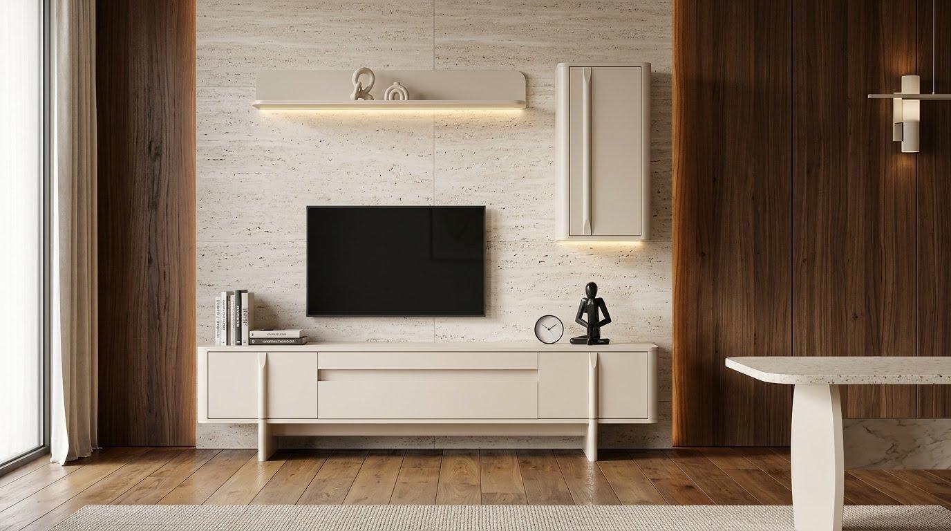 TV Board Wandschrank Wandregal Stil modern weiß bequem Wohnzimmer