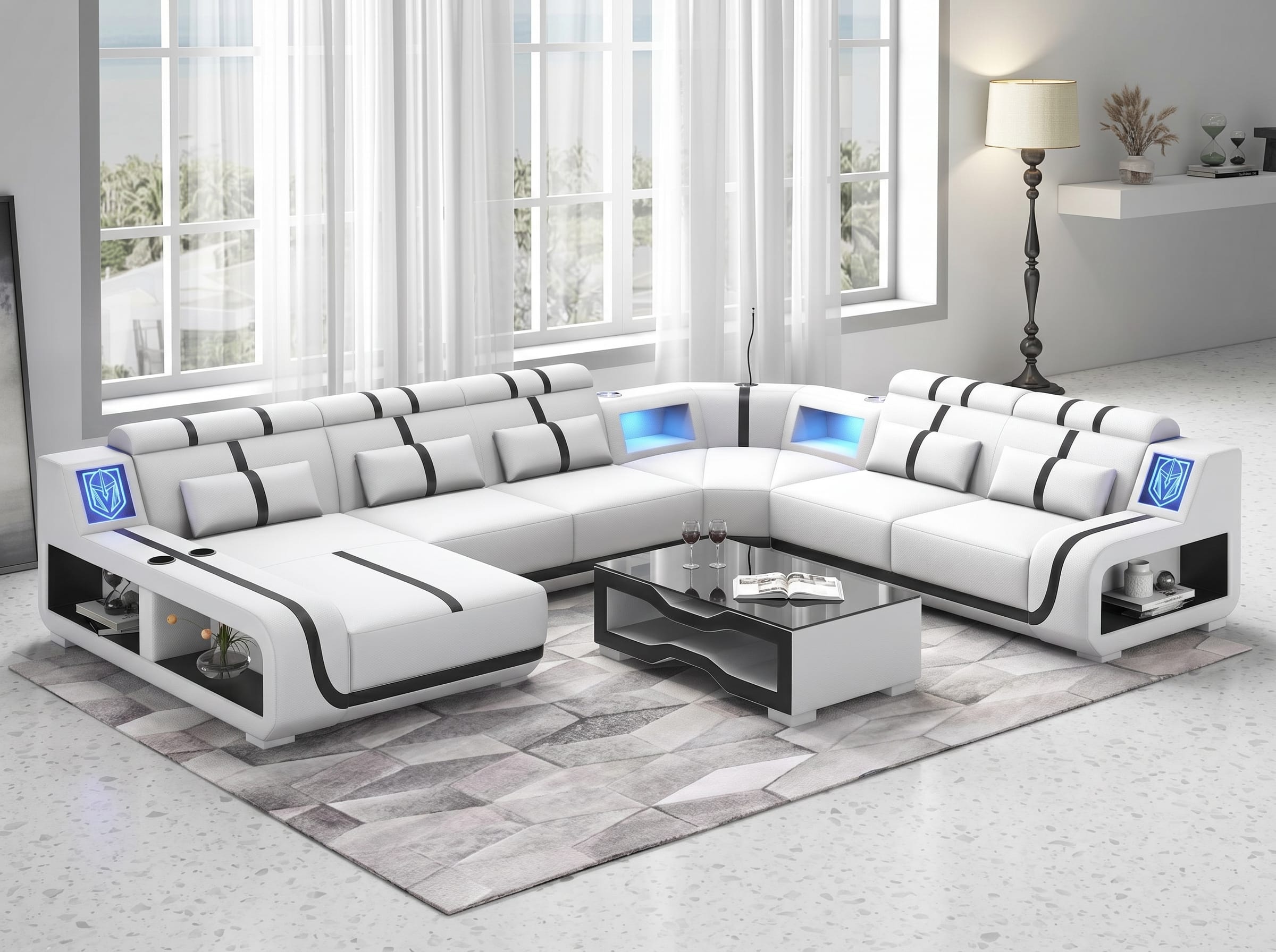 Wohnlandschaft U-Form Weiß Schwarz Couch Couchtisch Wohnzimmer Set *