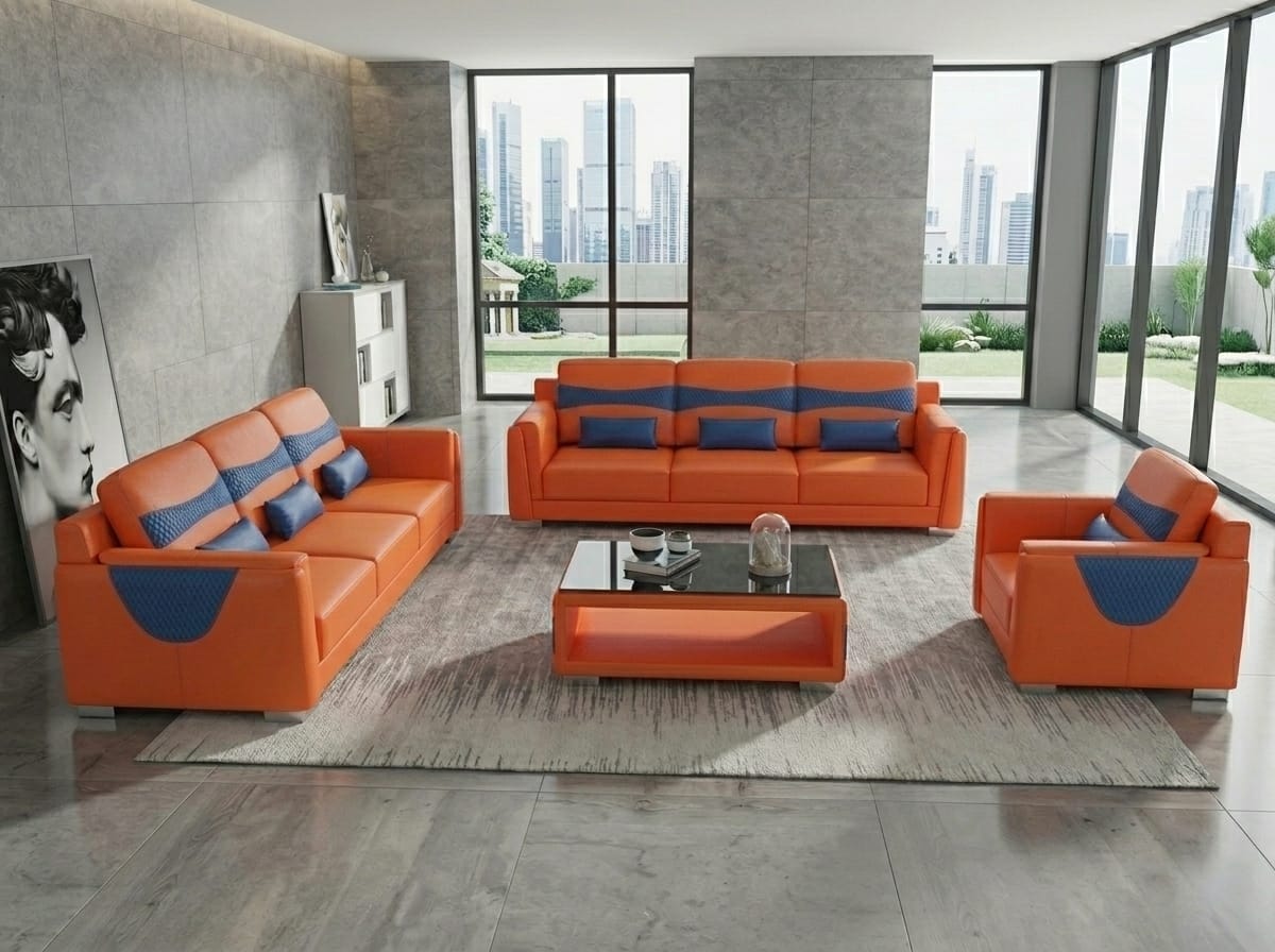 Leder Sofa Set 3+3+1 Modern Orange Komfort Couch Design Wohnzimmer *