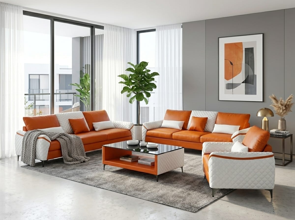 Sofa Set 3+3+1 Modern Leder Orange Komfort Design Polstergarnitur *