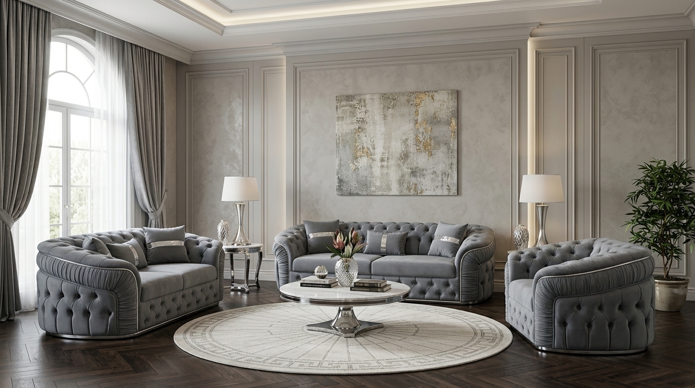 Hochwertige Chesterfield Polstergarnitur Grauer 3-Sitzer Textilsessel