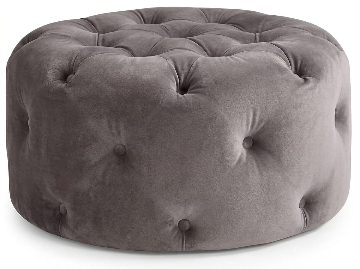 Grauer runder gesteppter Hocker weicher Fußhocker Chesterfield Wohnzimmer