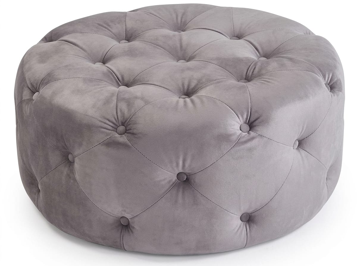 Großer runder grauer Hocker weicher gesteppter Fußhocker Chesterfield
