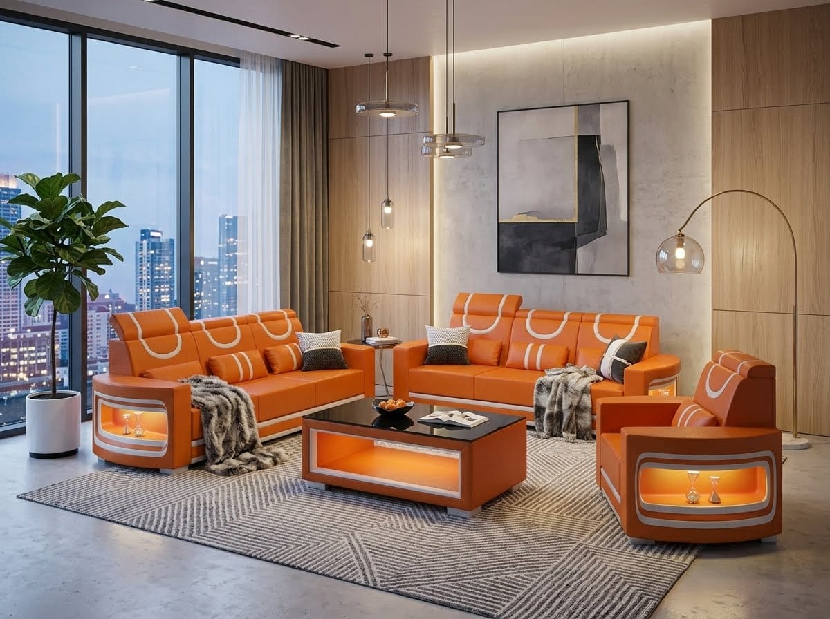 Sofa Set 2x 3-Sitzer Sessel Orange Weiß Wohnzimmer Couch Design Möbel *