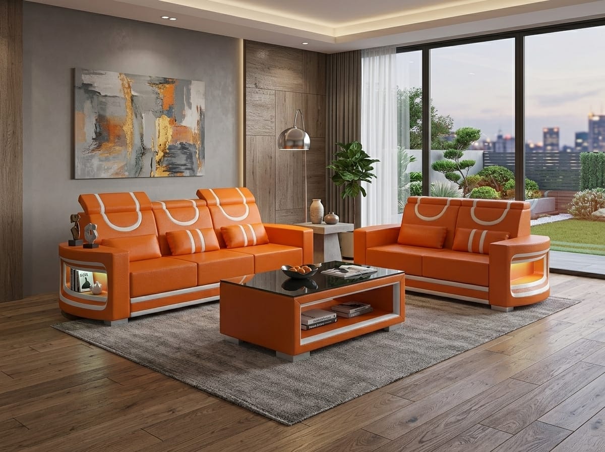 Sofa Set 3-Sitzer 2-Sitzer Orange Weiß Praktisch Wohnzimmer Design *