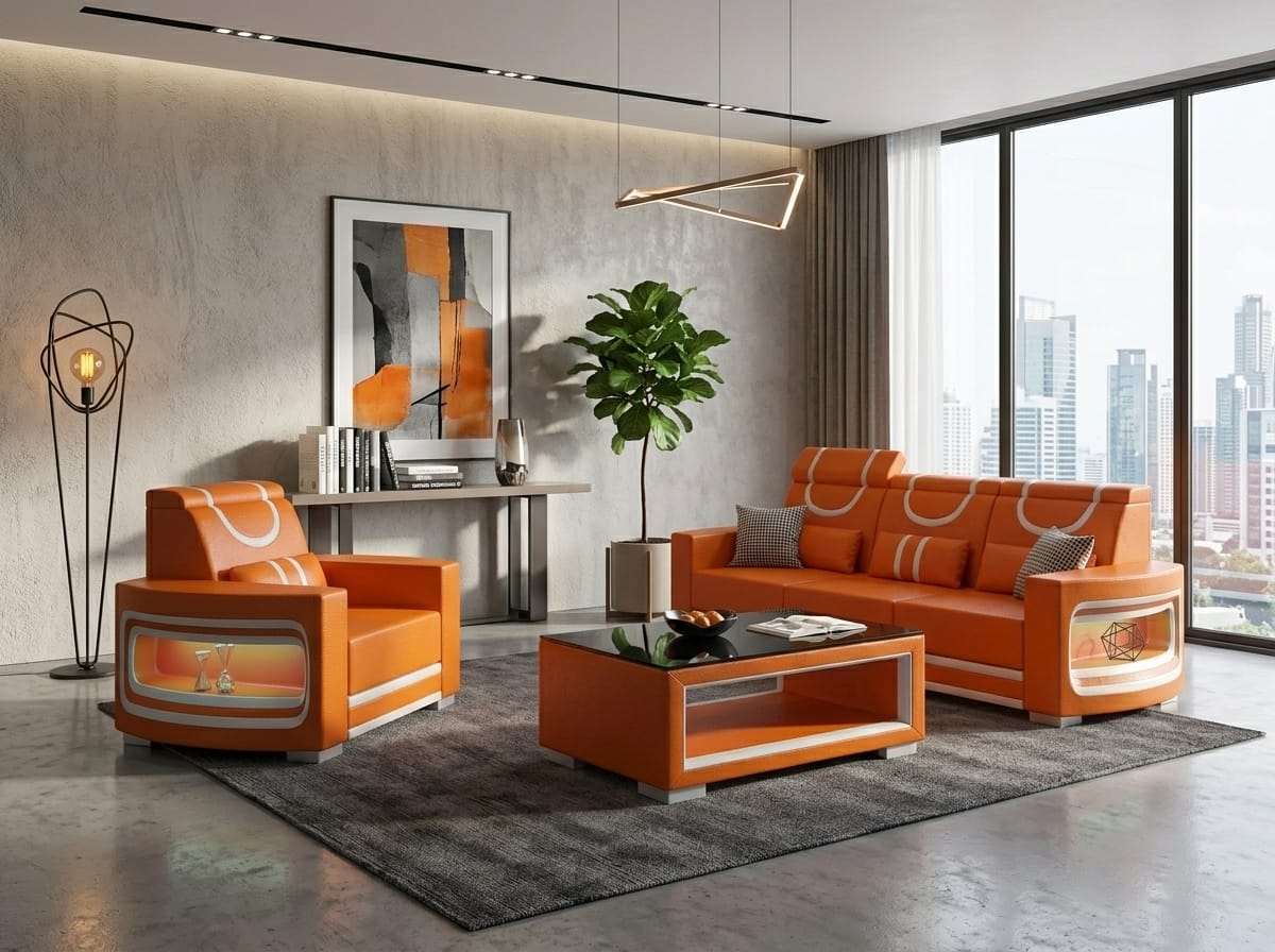 Sofa Set 3-Sitzer Sessel Orange Weiß Wohnzimmer Couch Design Möbel *