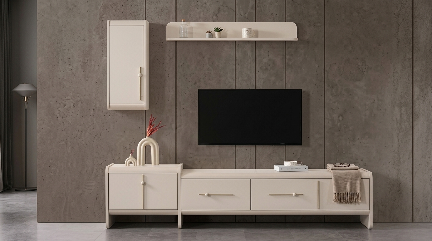 TV board Wandschrank Wandregal Stil modern weiß geräumig praktisch