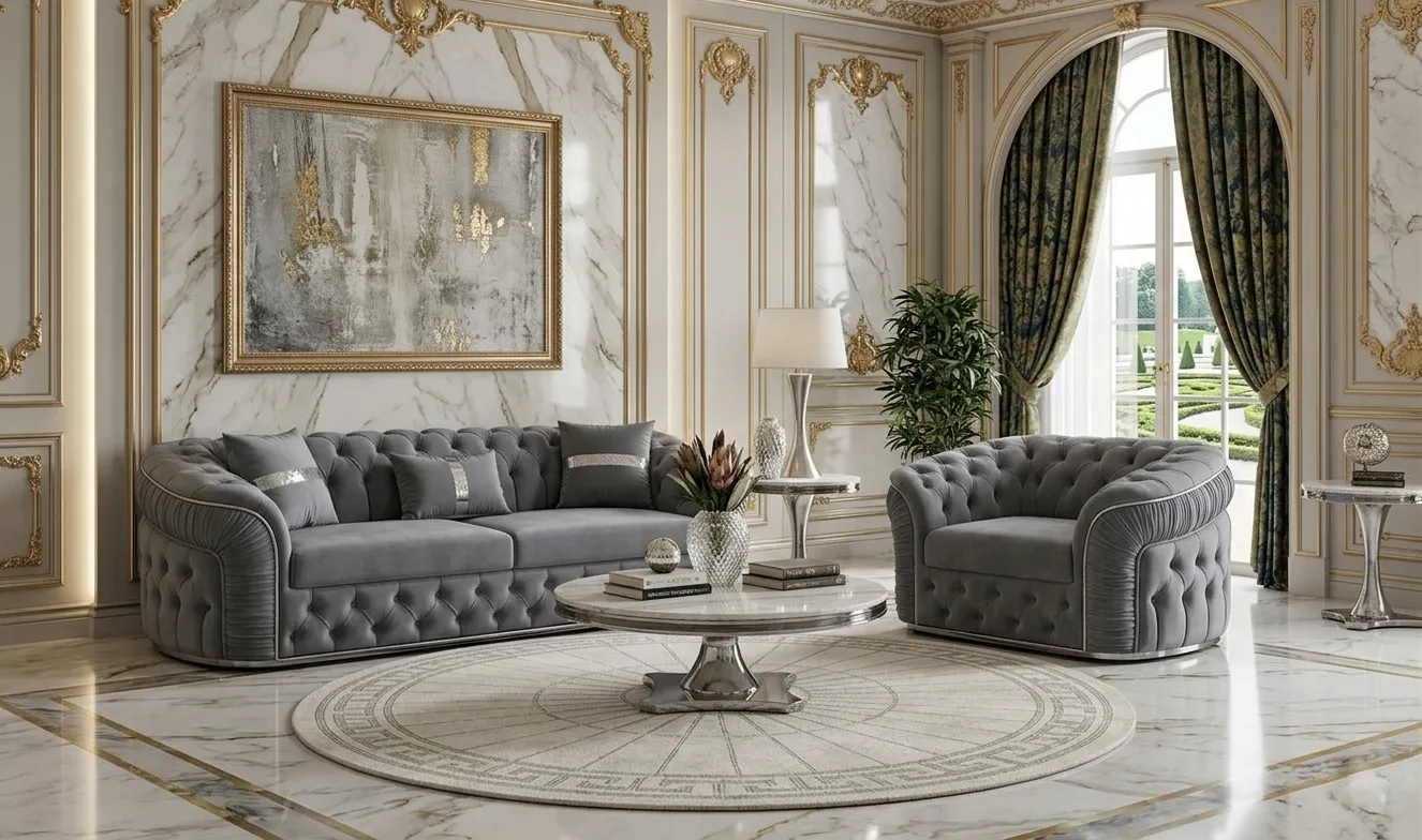 Klassische Chesterfield Sofagarnitur Grauer Stoffsessel 3-Sitzer 2tlg