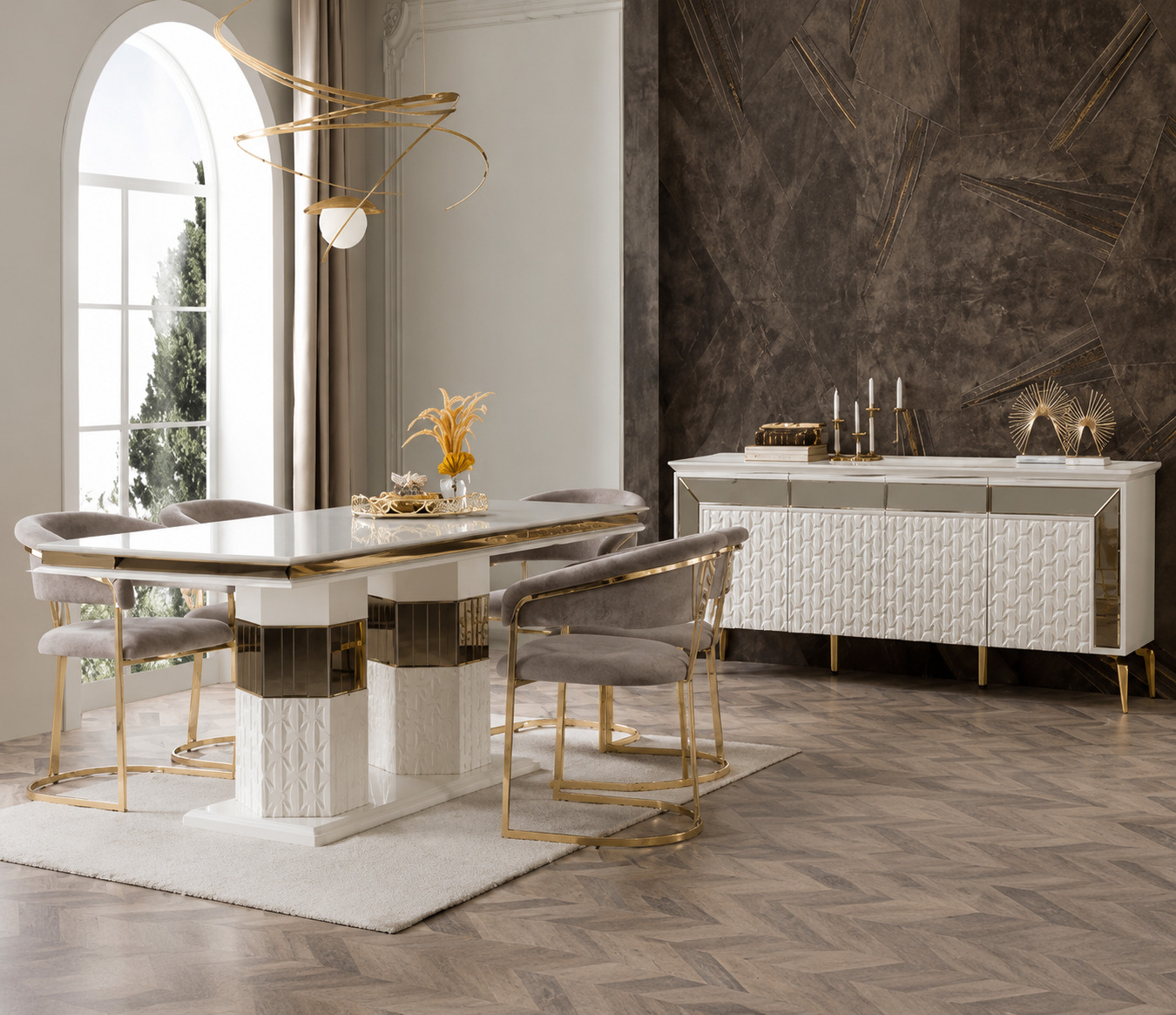 Elegantes Esszimmer Set Edler Esstisch 4x Stoffstühle Holz Sideboard