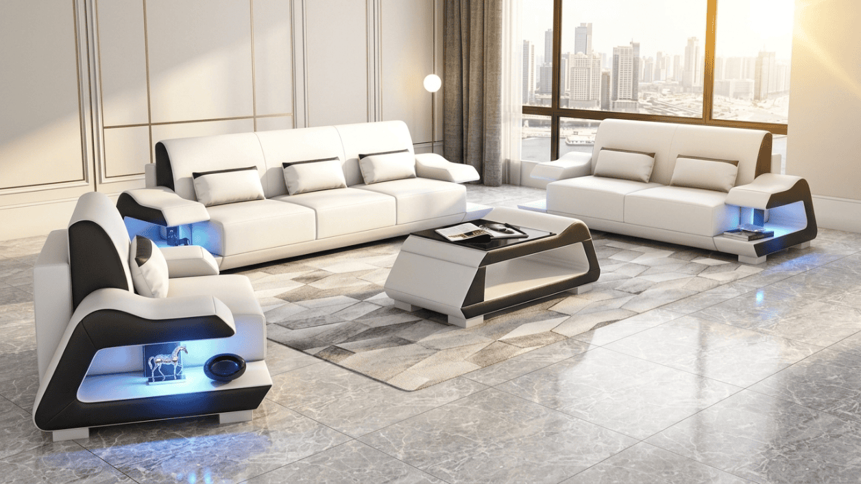Sofa Set 3+2+1 Modern Weiß Schwarz Premium LED Couchtisch Luxus Top *