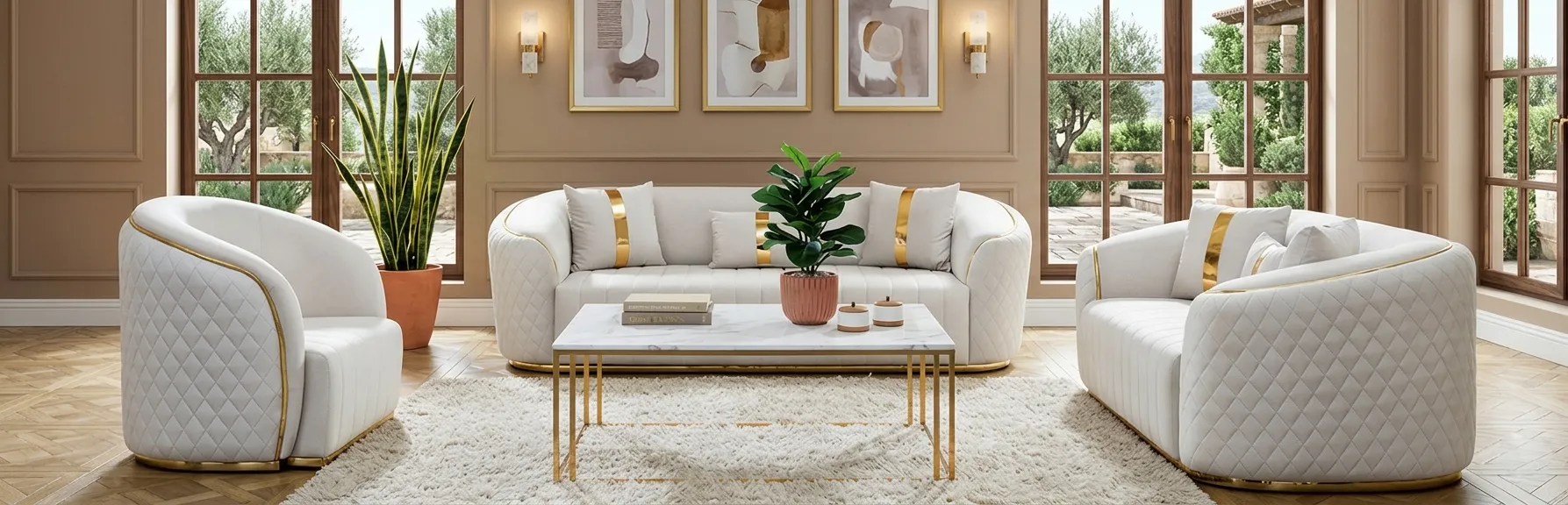 Klassische Weiße Polstergarnitur Designer Sofas Stoffsessel 3tlg