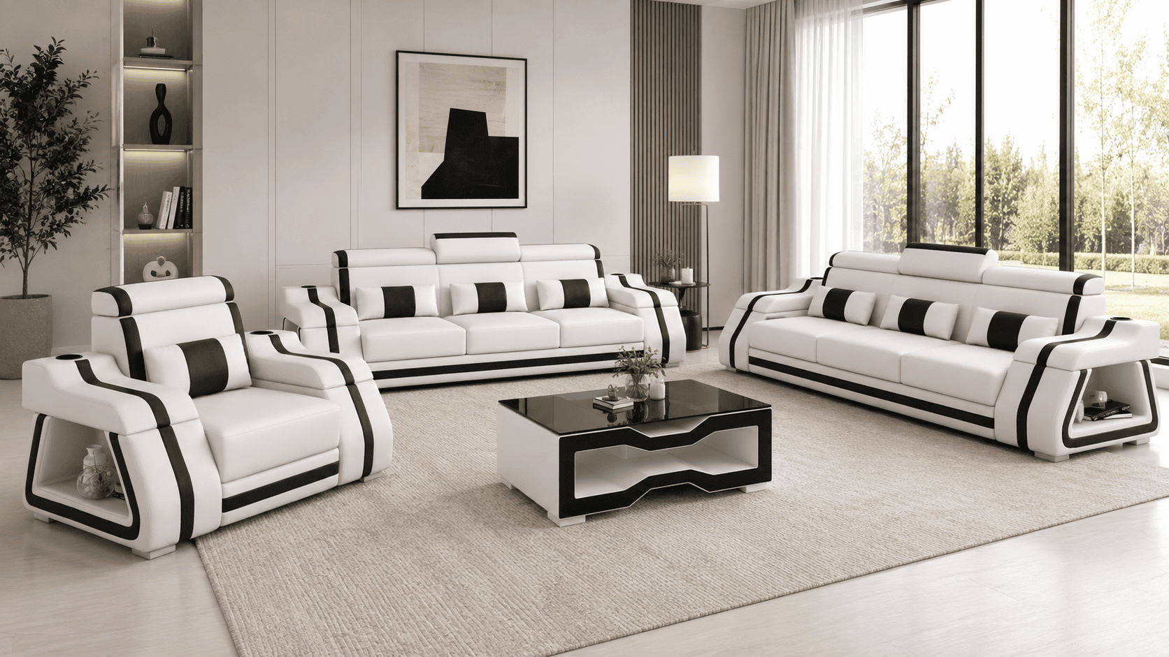 Sofa Set 3+3+1 Modern Weiß Schwarz Premium LED Couchtisch Komfort *