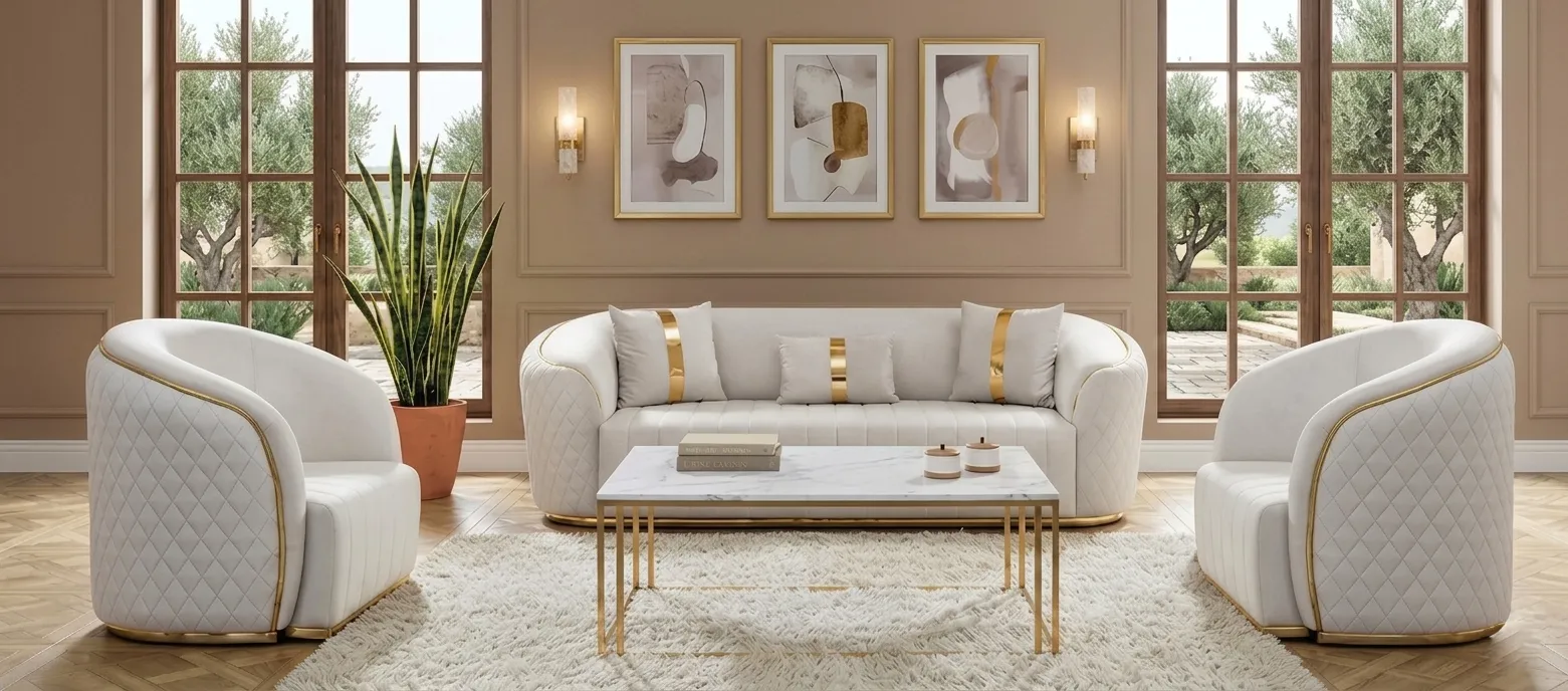 Stilvolle Wohnzimmer Sofagarnitur Polstercouch Exklusive 2x Sessel
