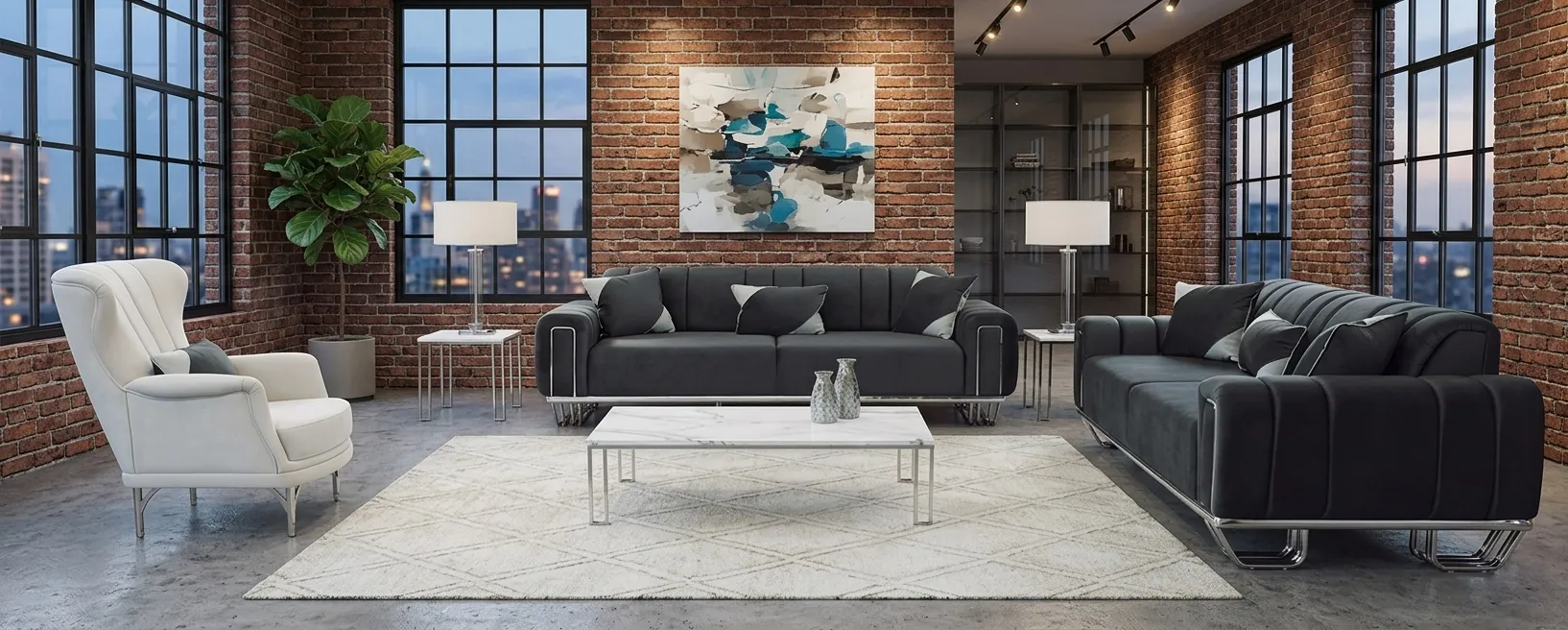 Hochwertige Grau-Weiße Wohnzimemr Garnitur Sofa Set Designer 3-er