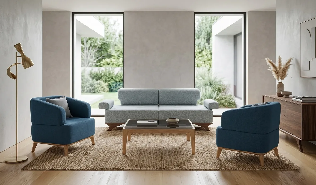 Blaue Wohnzimmer Sitzgarnitur Edler 3-Sitzer 2x Textilsessel 3tlg