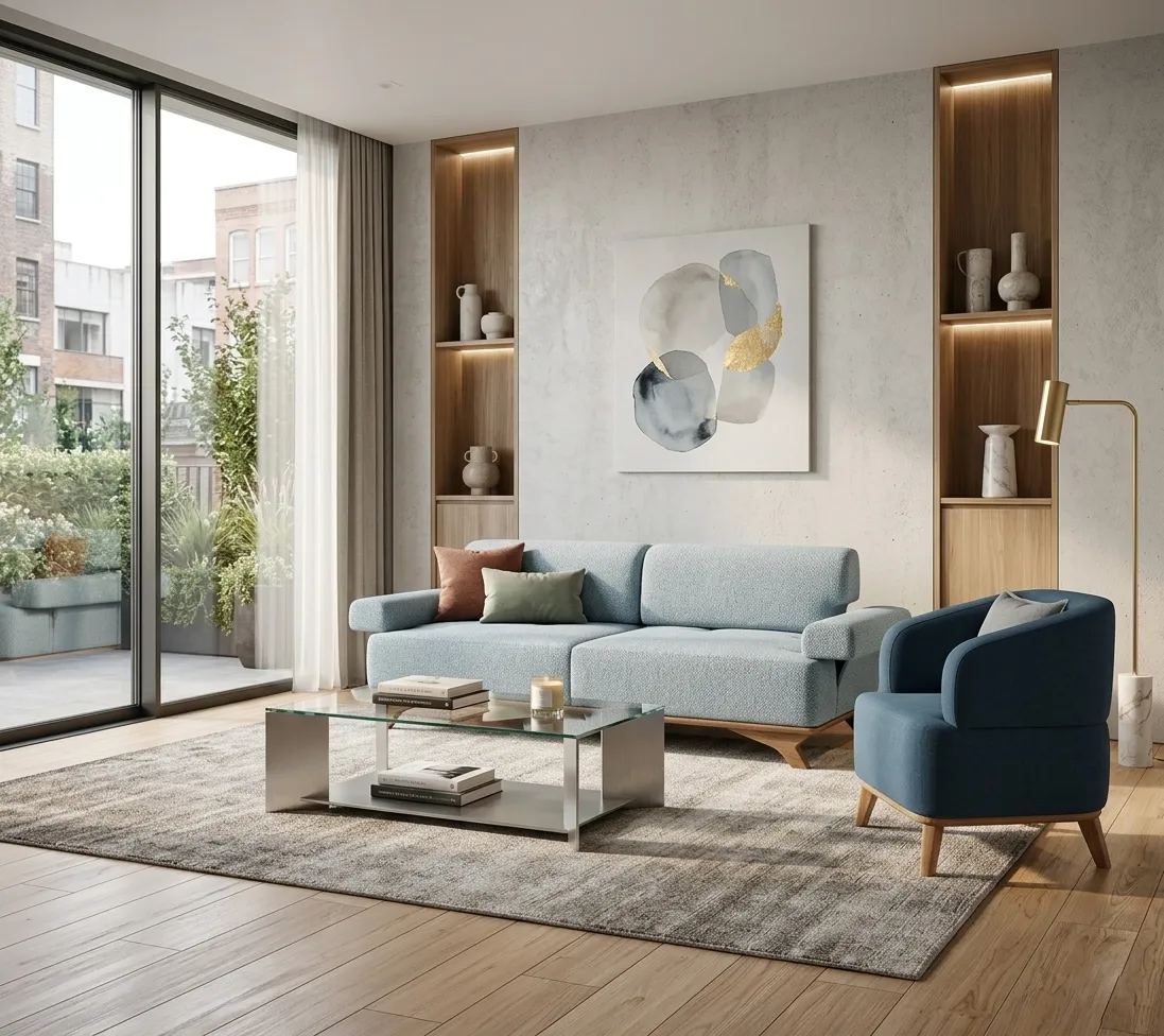 Komfortables Grau-Blaues Sofa Set Polstersofa Exklusiver Textilsessel