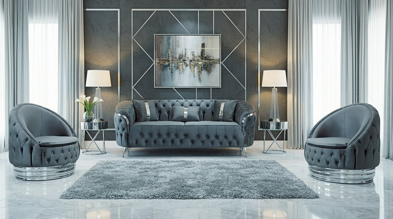 Stylische Blaue Chesterfield Stoffgarnitur 2x Relax Einsitzer 3-er