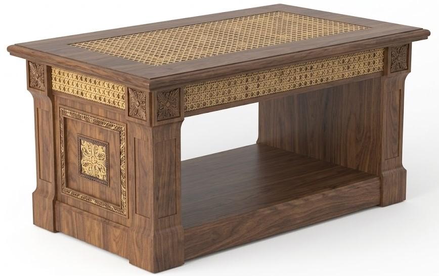 Klassischer Couchtisch Nussbaumholz Rattan Goldenen Verzierungen