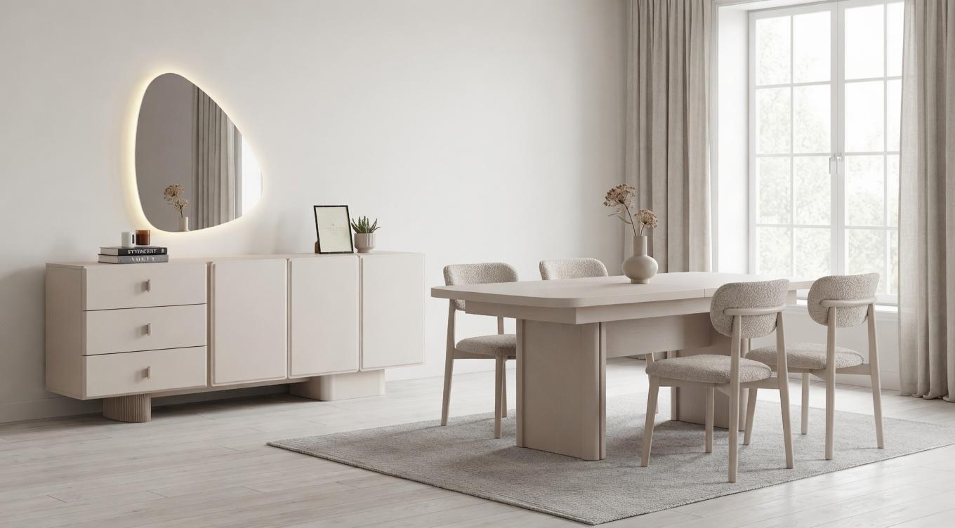 Esszimmer Set Beige Modern Ausziehbar Tisch 4 Stühle Kommode