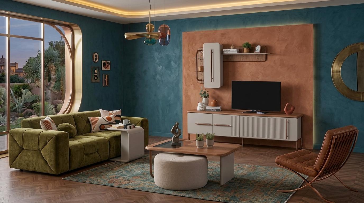 TV Lowboard Haengendes Regal Couchtisch Beistelltisch Pouf modern braun