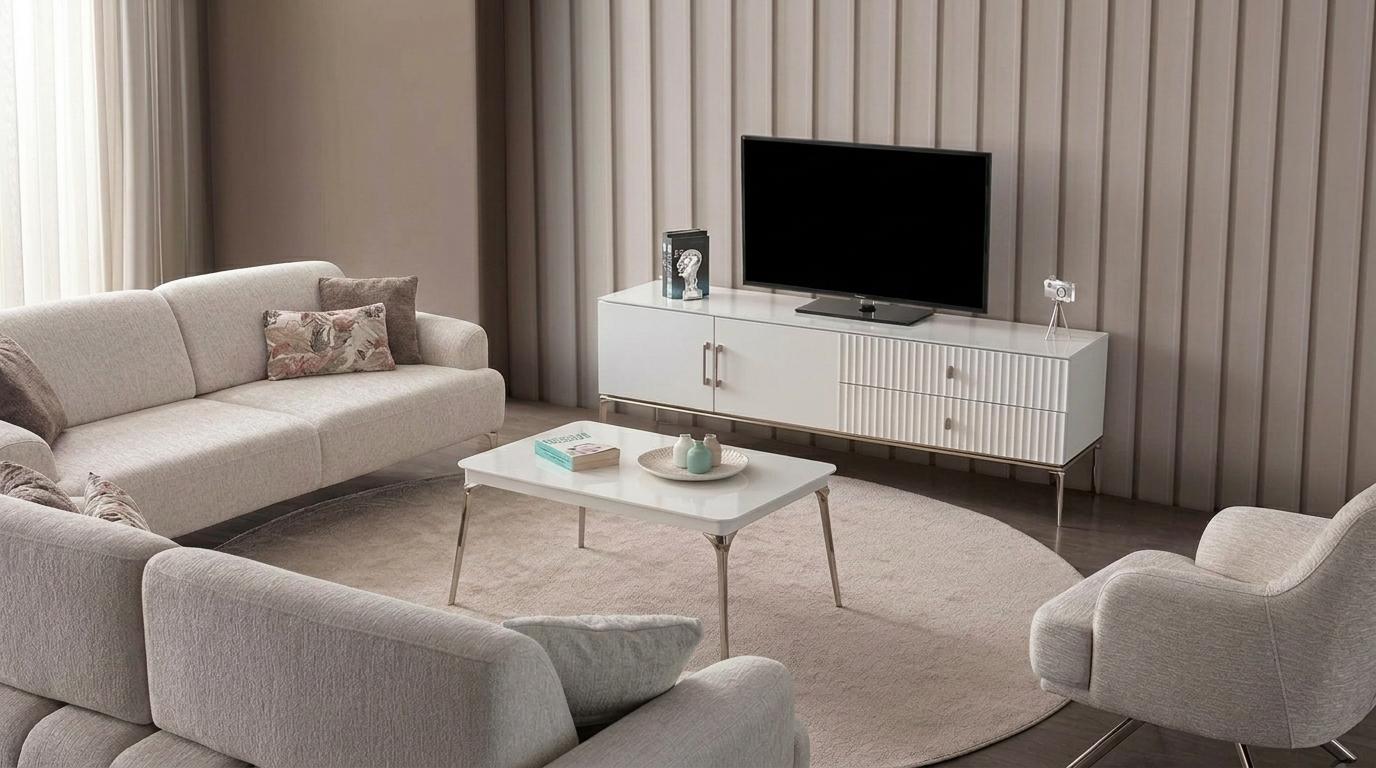 Wohnzimmer Set TV-Lowboard Couchtisch Moderner Stil Weiß Funktional