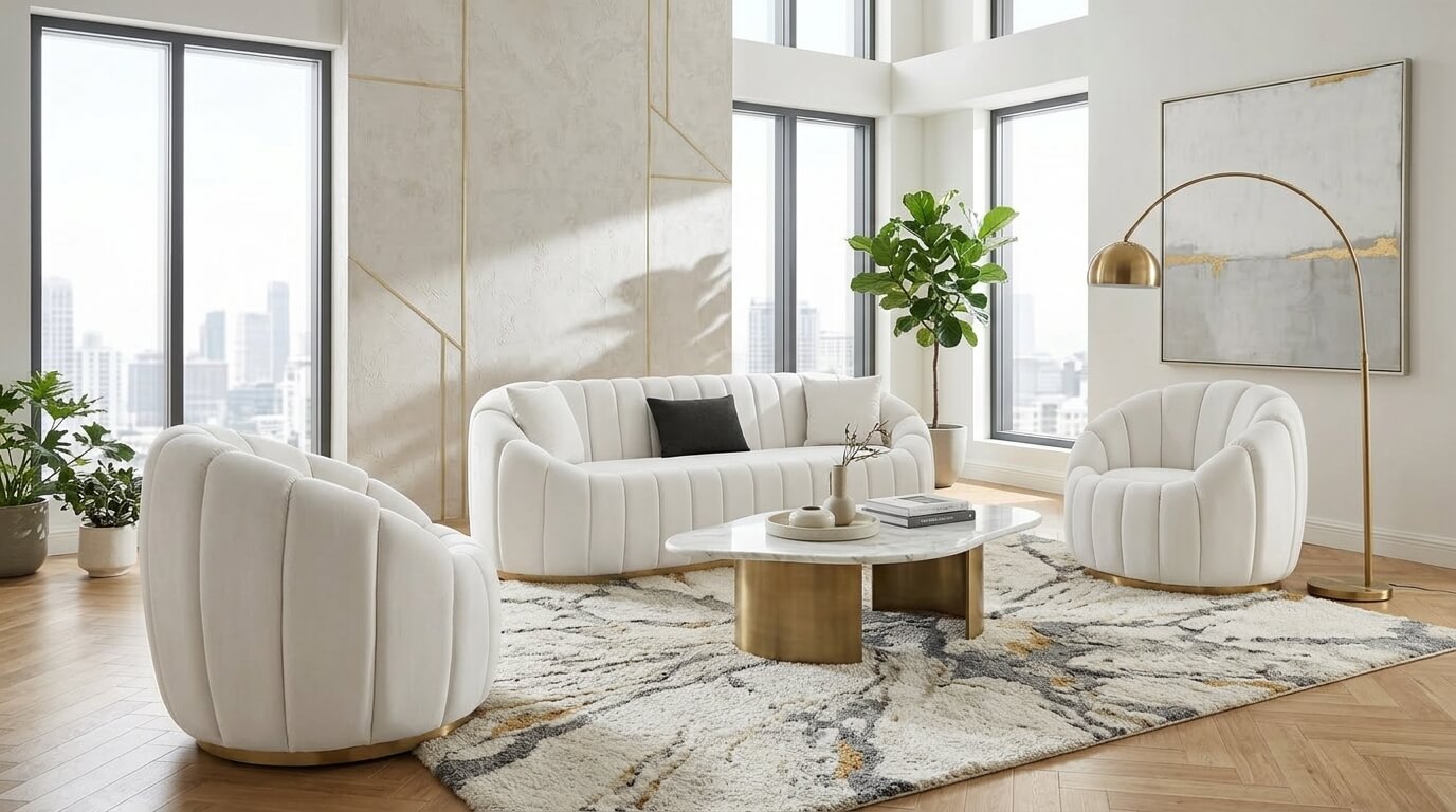 Weiße Komfortable Sofagarnitur Luxuriöse Relaxsessel Stoffsofa