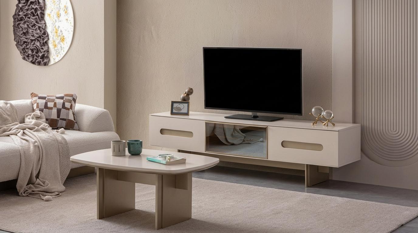Wohnzimmer Set TV-Lowboard Couchtisch Modern Beige Elegant Ästhetisch