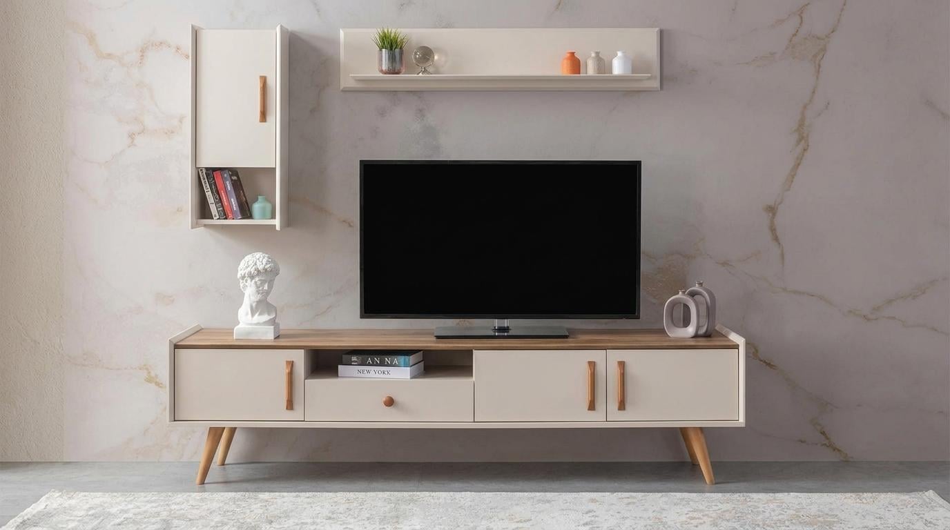 Wohnwand Set Hängeschrank Wandboard Modern Beige Minimalistisch Edel