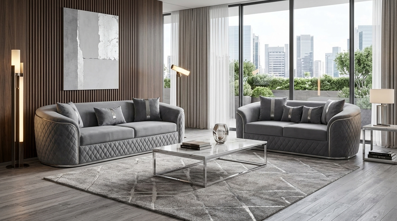 Stilvolle Graue Sofagarnitur Designer Stoffsofa Edler 2-Sitzer 2tlg