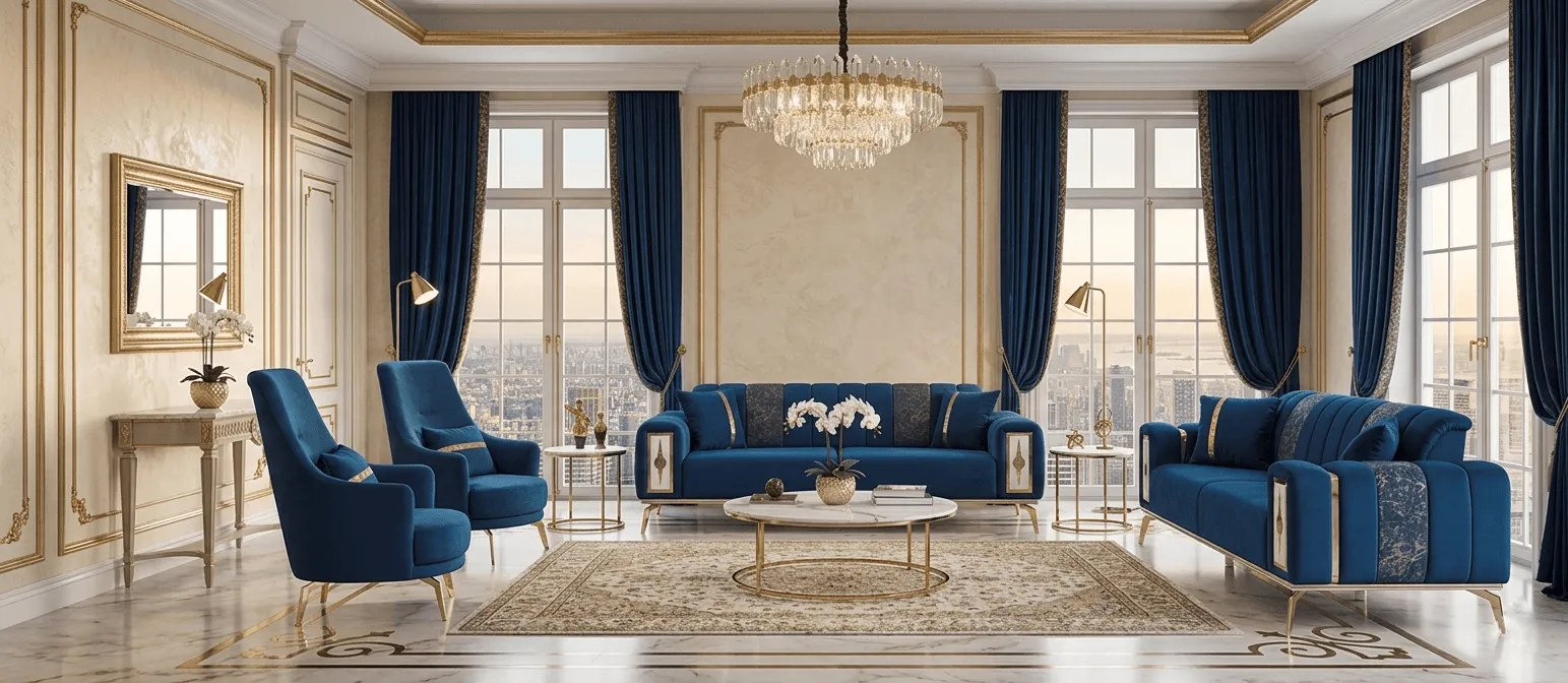 Stilvolle Blau-Goldene Couchgarnitur Edle Textilsofas Stoffsessel