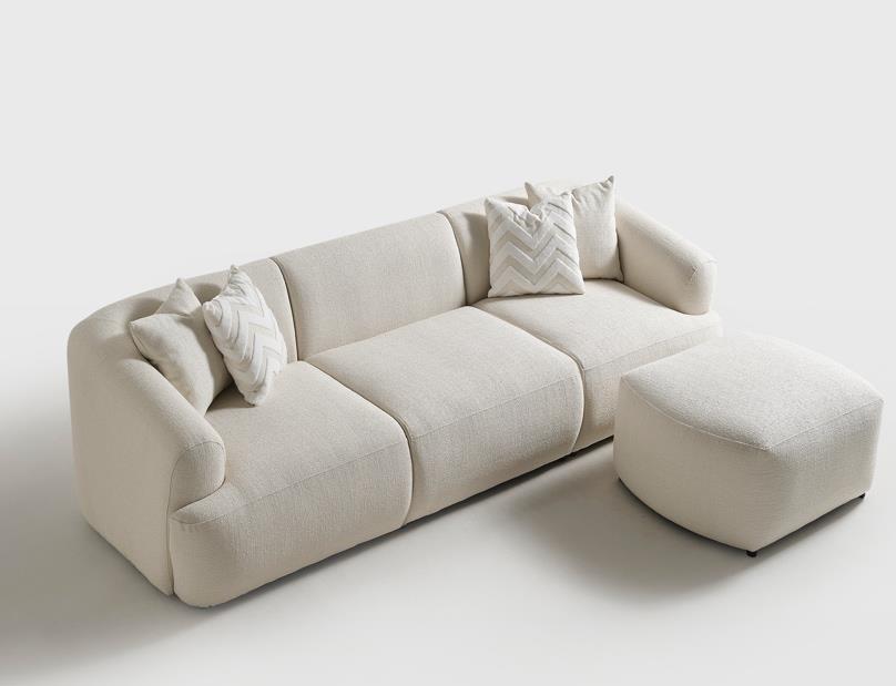 3 Sitzer Sofa Pouff Beige Stoffbezug Weiche Armlehne Wohnzimmer bequem