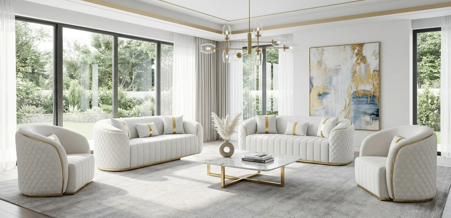 Weiß-Goldenes Sofa Set Designer Polstercouchen Edle 2x Sessel