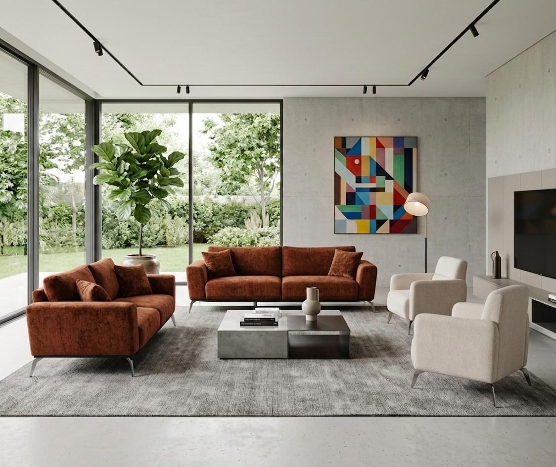 Großzügige Sofagarnitur 2x Braune Stoffsofas Designer Relaxsessel