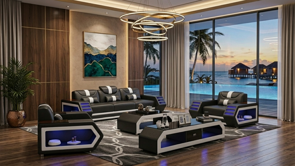 Sofa Set 3+1+1 Modern Schwarz Weiß Premium LED Couchtisch Komfort