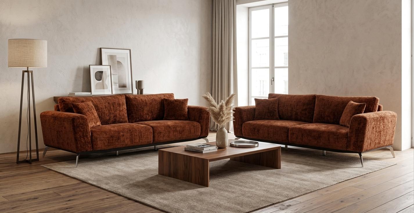 Braune Elegante Couchgarnitur Designer Stoffsofas Polstercouchen