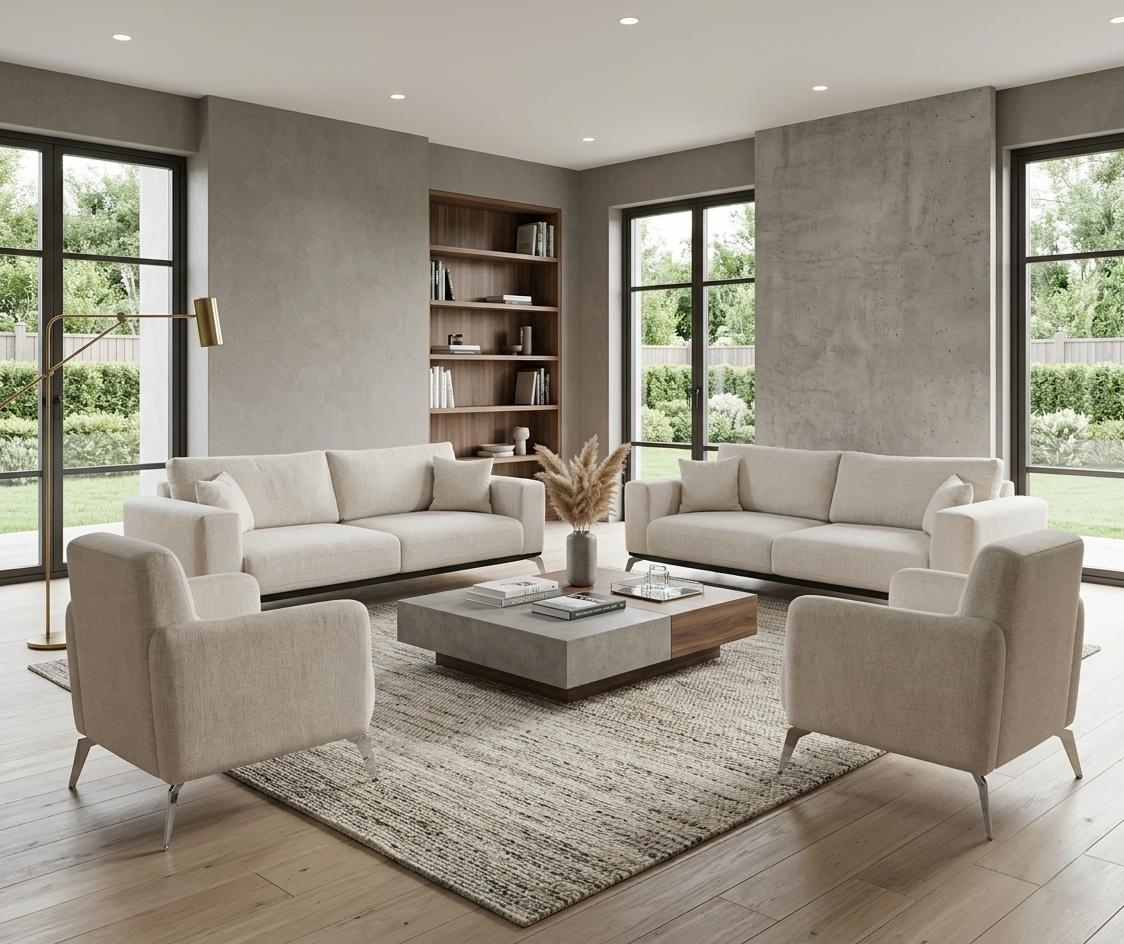 Elegante Weiße Polstergarnitur 2x 3-er Stoffsofas Loungesessel 4tlg
