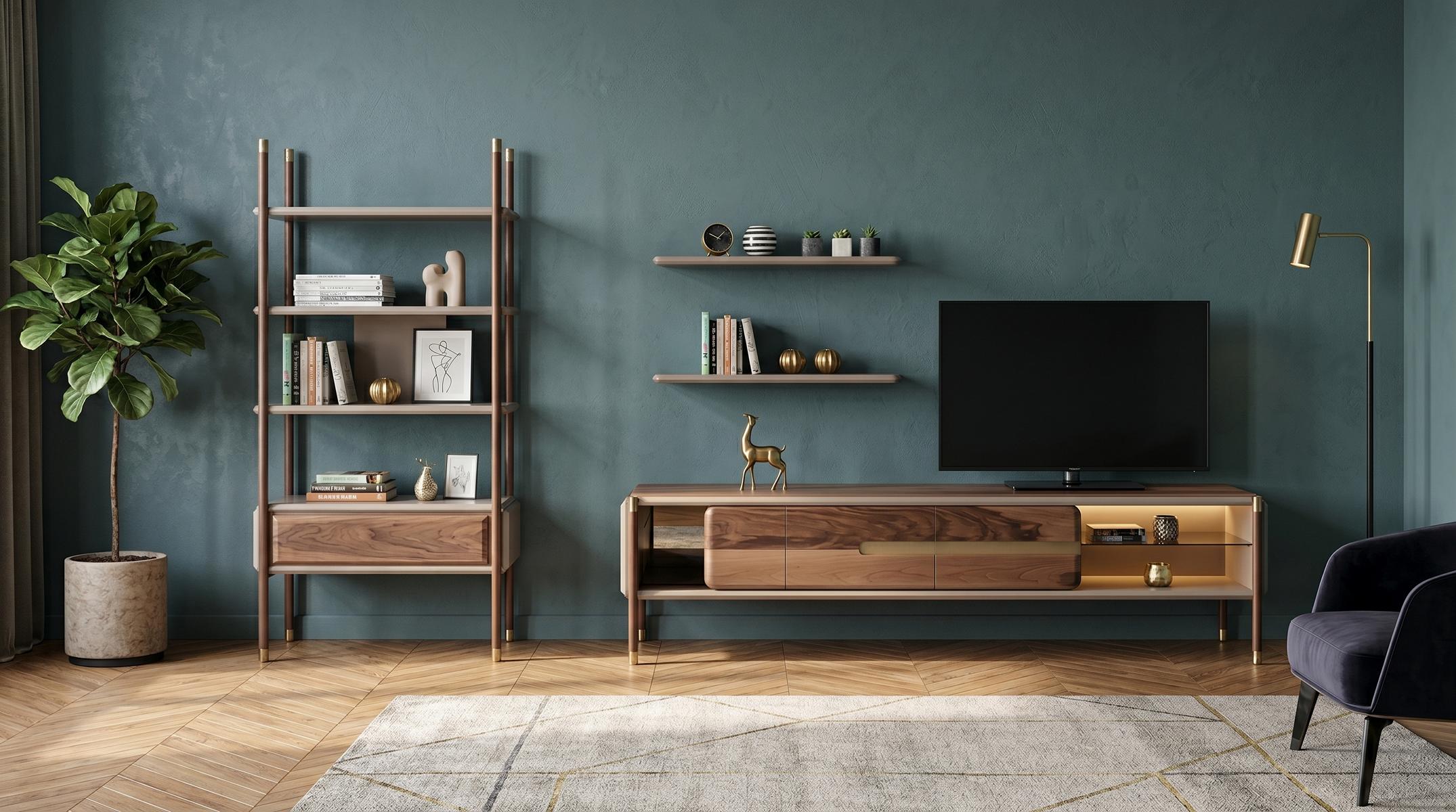 Elegante Wohnwand Wohnzimmer TV-Lowboard mit Regal Luxusmöbel